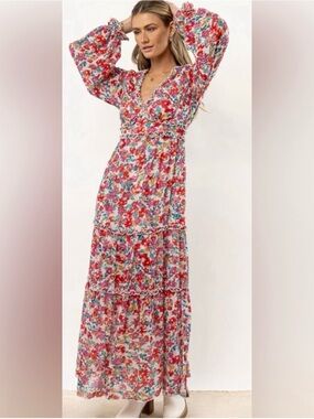 bohme Floral V-Neck Tiered Maxi Dress in Pink Multi